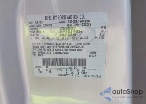 2005 Ford Escape Limited from USA, damaged, VIN 1FMYU04135KB68930